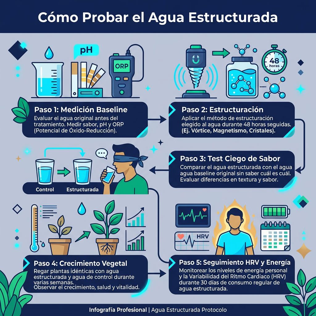 Infografía: 'Cómo Probar el Agua Estructurada' protocolo 5 pasos. Pasos: 1-Medición baseline (sabor, pH, ORP). 2-Aplicar