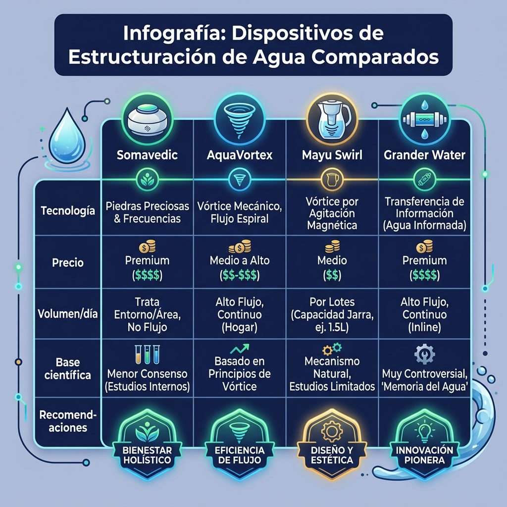 Infografía: 'Dispositivos de Estructuración de Agua Comparados' tabla. Productos: Somavedic, AquaVortex, Mayu Swirl, Gra