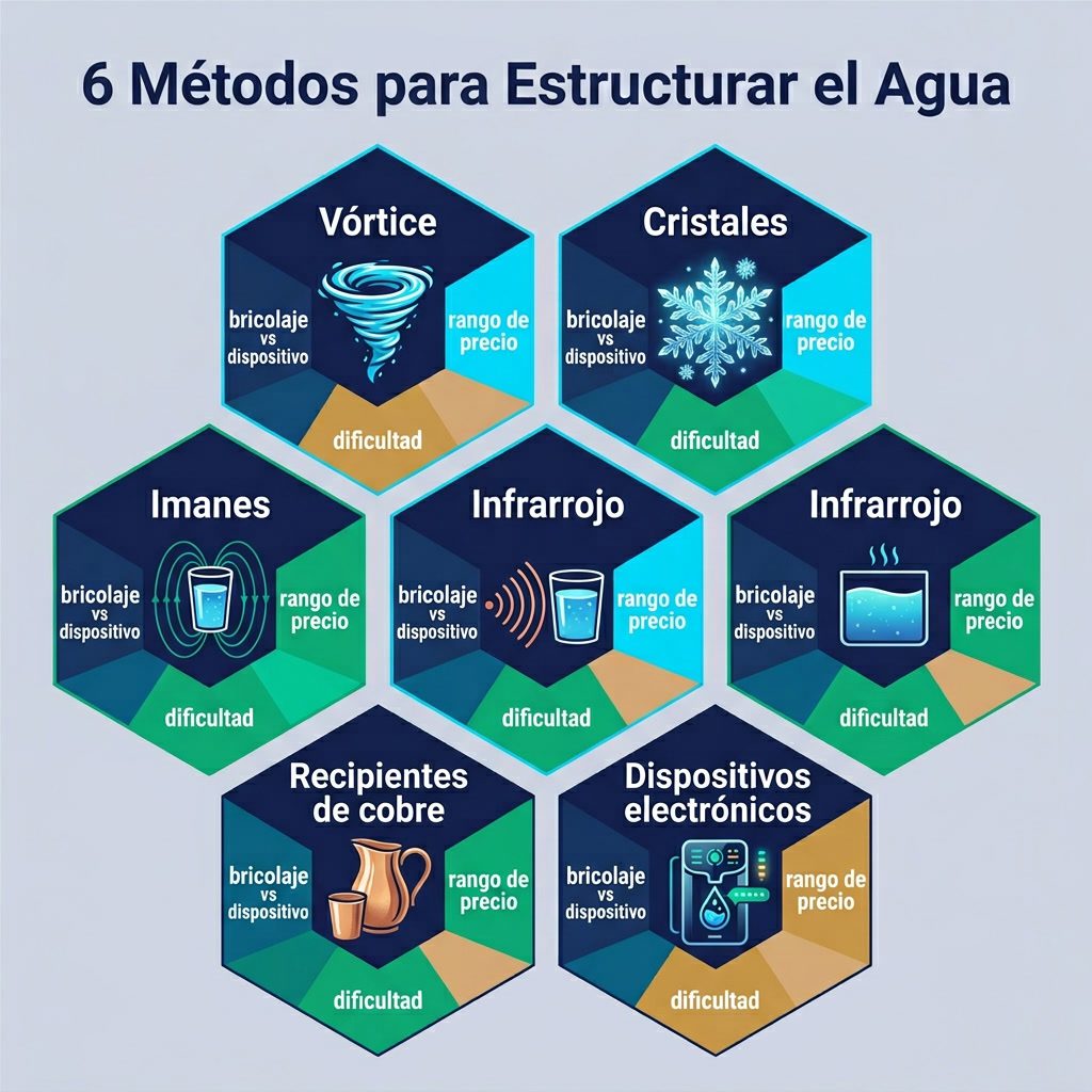 Infografía: '6 Métodos para Estructurar el Agua' cuadrícula hexagonal. Hexágonos: 1-Vórtice, 2-Cristales, 3-Imanes, 4-In