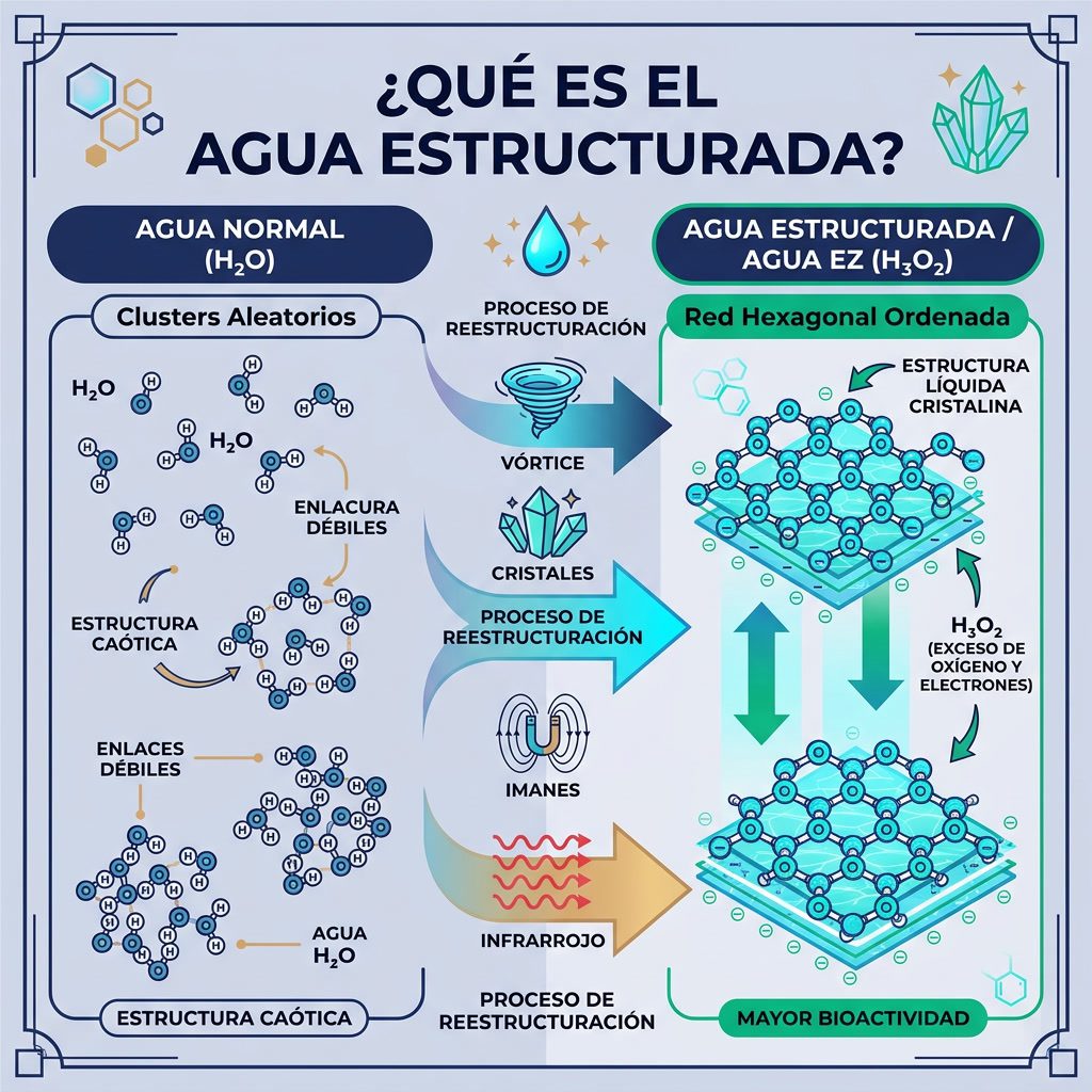 Infografía: '¿Qué es el Agua Estructurada?' comparación molecular. Izquierda: agua normal H2O (clusters aleatorios). Der