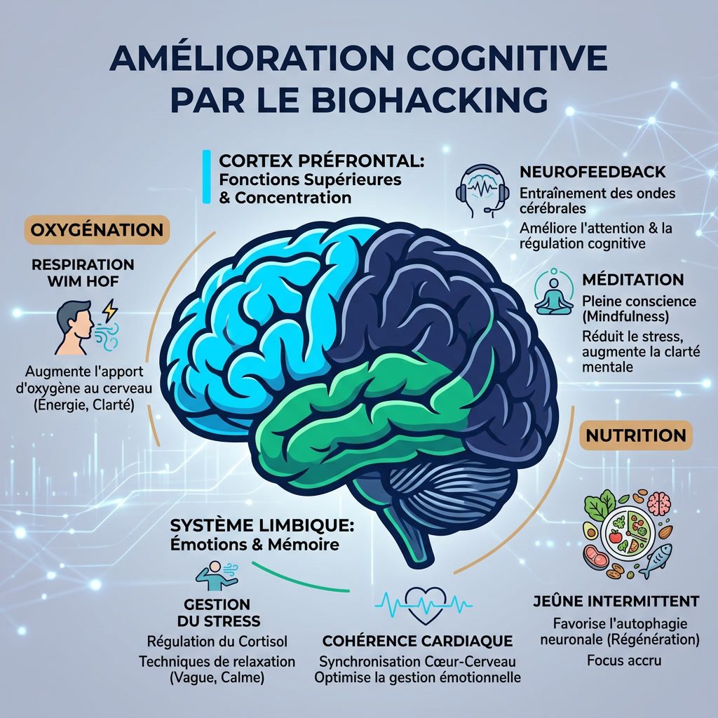 Infographie: 'Amélioration Cognitive par le Biohacking' carte cerveau. Silhouette cerveau divisée en zones. Zone préfron