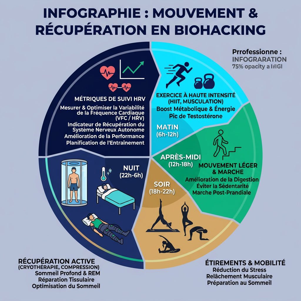 Infographie: 'Mouvement & Récupération en Biohacking' cycle 24h. Cercle divisé: Matin-Exercice à haute intensité (HIIT,