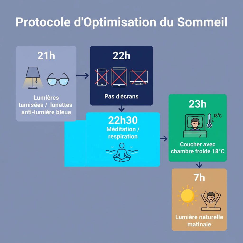 Infographie: 'Protocole d'Optimisation du Sommeil' timeline nocturne 21h-7h. Blocs colorés: 21h-Lumières tamisées/lunett