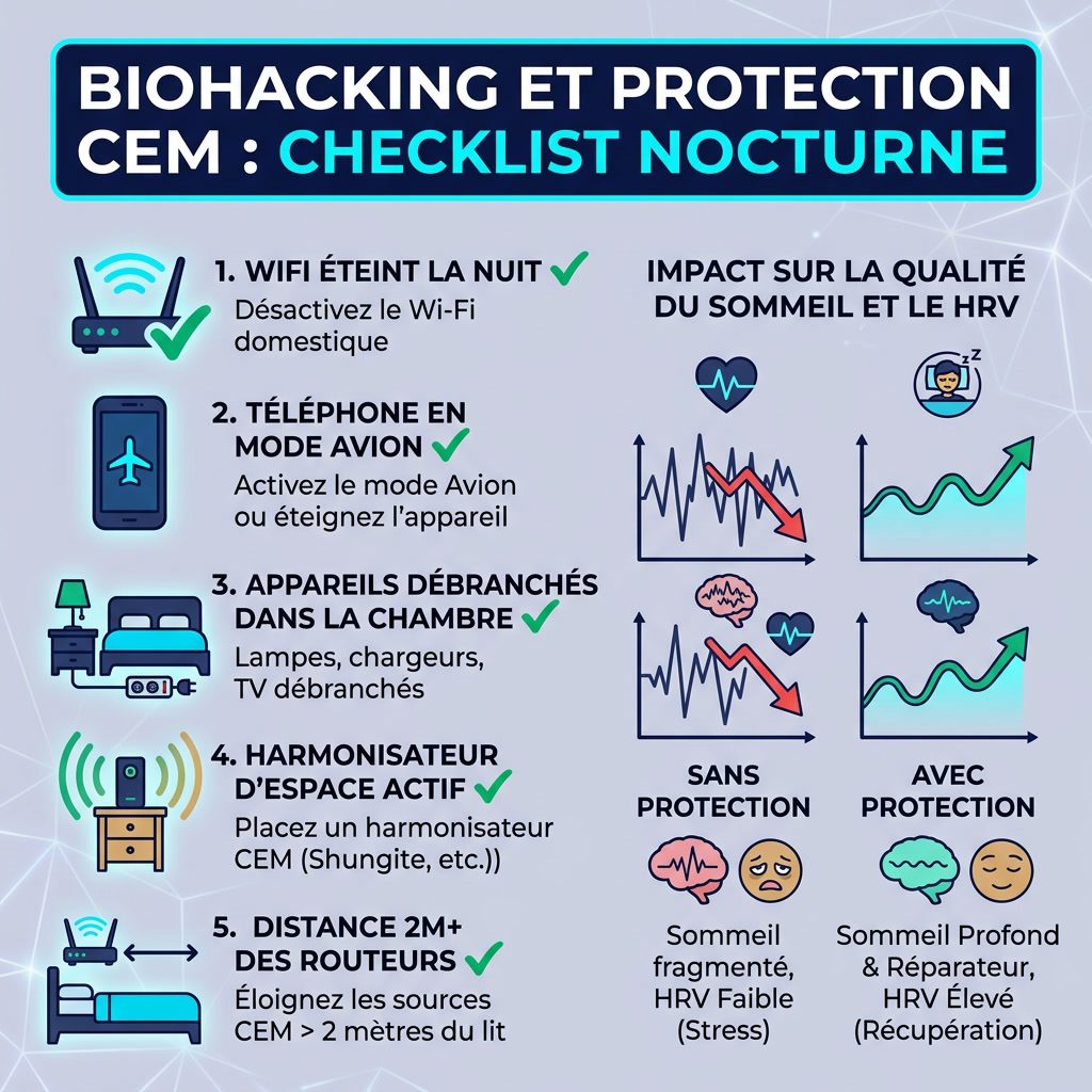 Infographie: 'Biohacking et Protection CEM' checklist nocturne. Liste d'actions: WiFi éteint la nuit ✓, Téléphone en mod