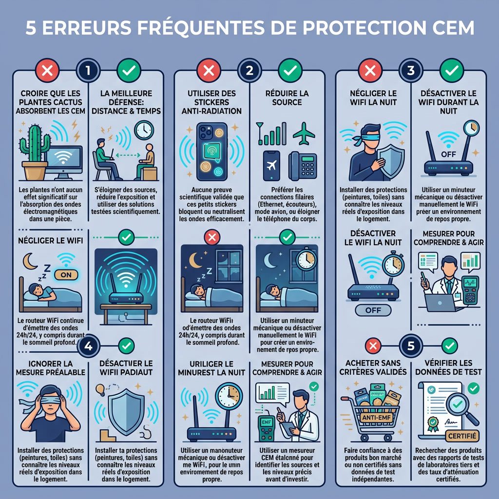 Infographie: '5 Erreurs Fréquentes de Protection CEM' mise en page croix rouge/coche verte. Erreurs: Croire que les plan