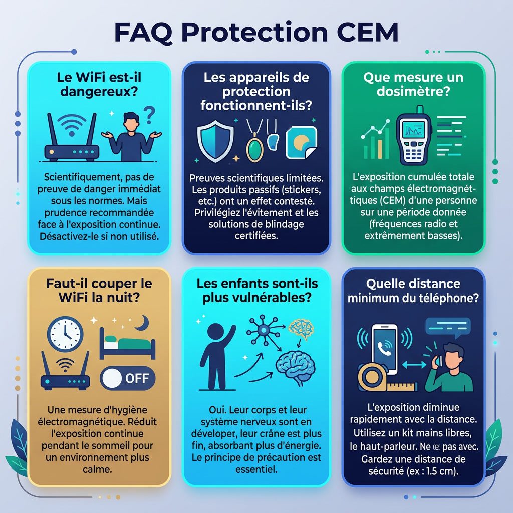 Infographie: 'FAQ Protection CEM' 6 questions-réponses en grille. Questions: Le WiFi est-il dangereux? Les appareils de