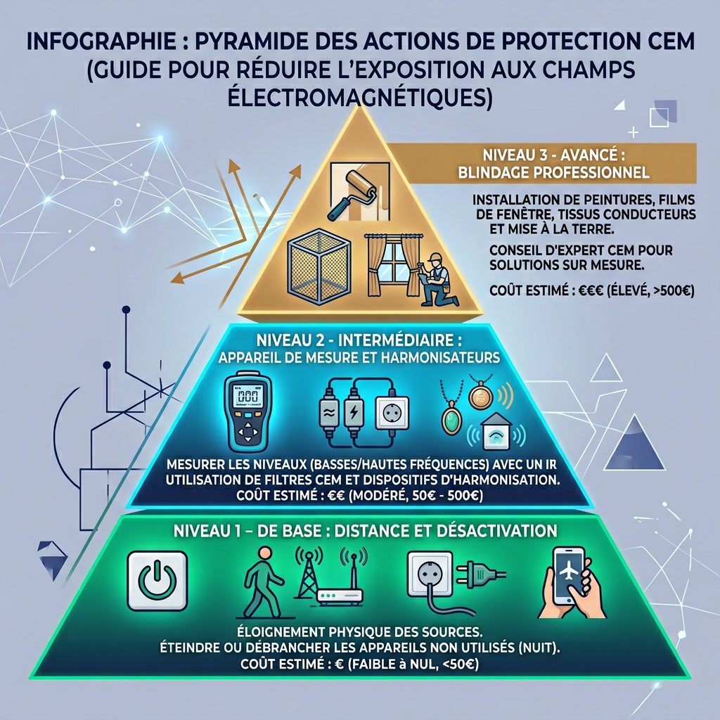 Infographie: 'Mesures de Protection CEM' pyramide d'actions. Niveau 1-Base: Distance et désactivation. Niveau 2-Interméd