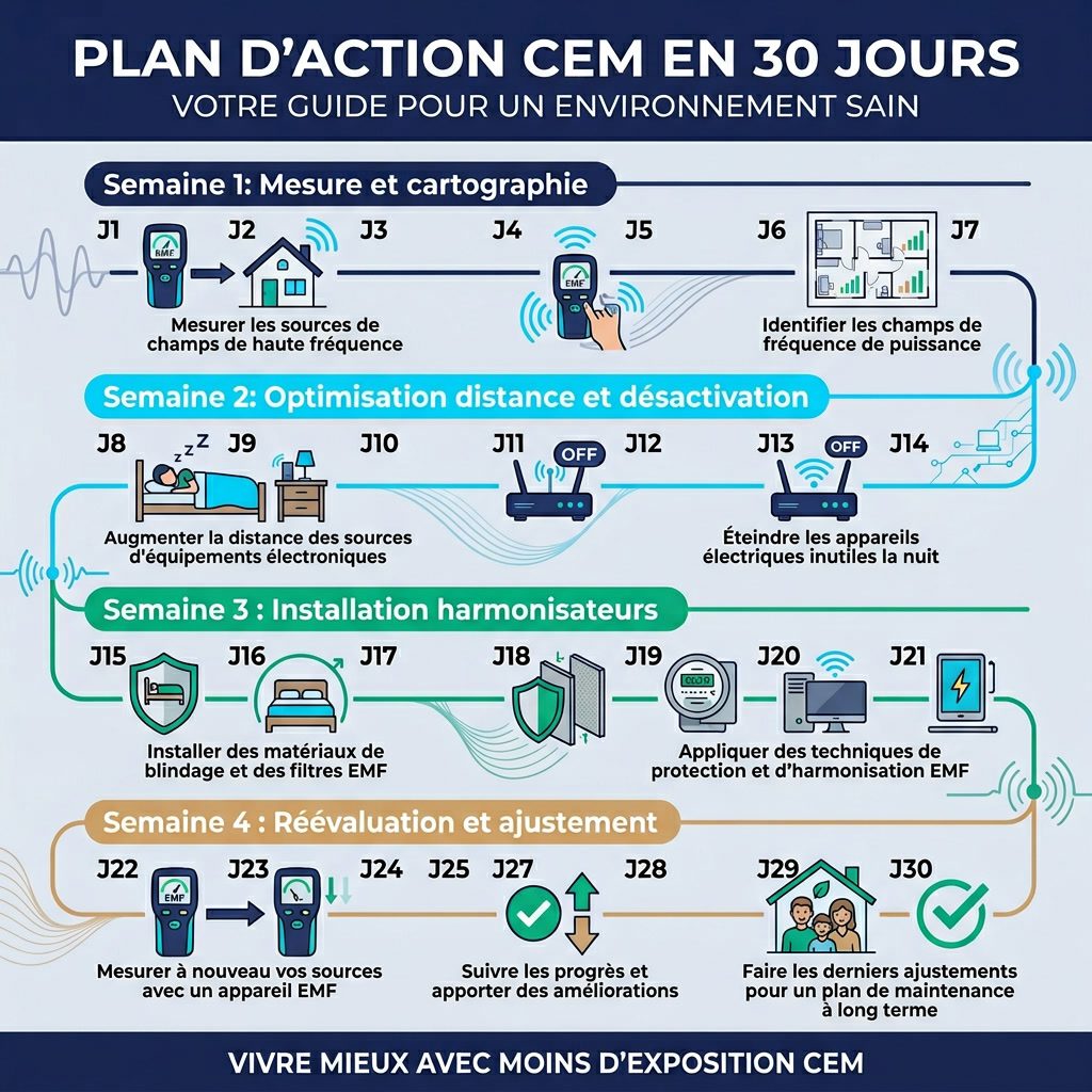 Infographie: 'Plan d'Action CEM en 30 Jours' calendrier horizontal. Semaine 1: Mesure et cartographie. Semaine 2: Optimi