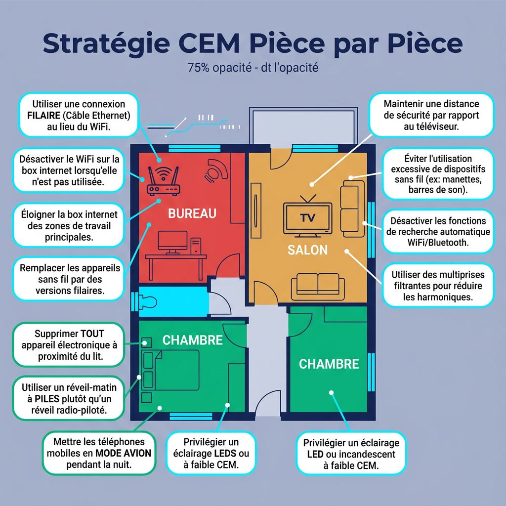 Infographie: 'Stratégie CEM Pièce par Pièce' plan d'appartement. Chambres colorées par niveau de risque CEM: rouge (bure