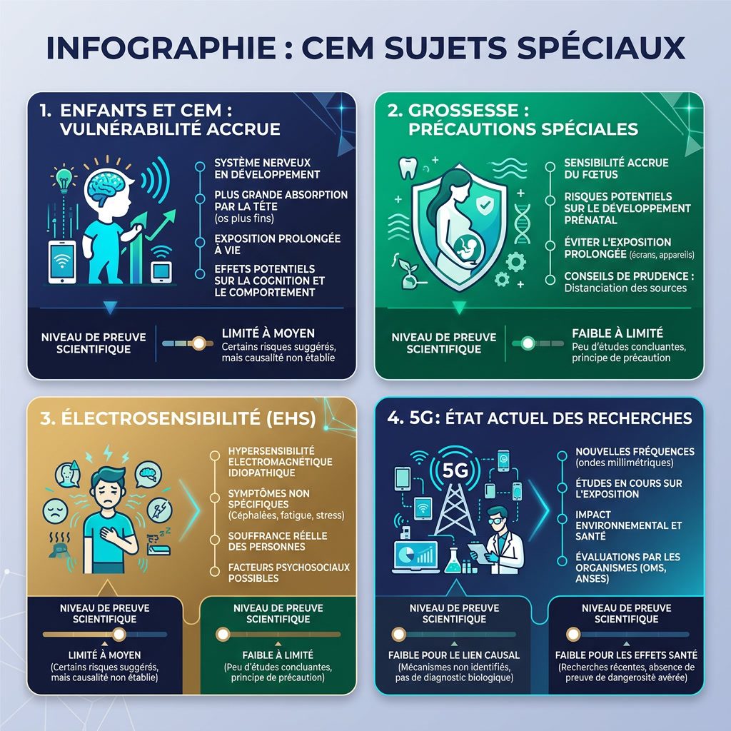 Infographie: 'CEM Sujets Spéciaux' 4 cartes thématiques. Cartes: Enfants et CEM (vulnérabilité accrue), Grossesse (préca