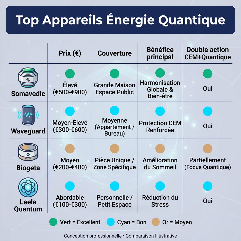 Infographie: 'Top Appareils Énergie Quantique' tableau comparatif. Lignes: Somavedic, Waveguard, Biogeta, Leela Quantum.