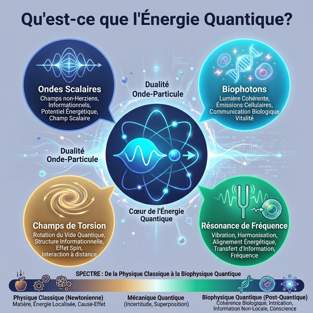 Infographie: 'Qu'est-ce que l'Énergie Quantique?' diagramme conceptuel. Centre: symbole onde-particule. Bulles entourant