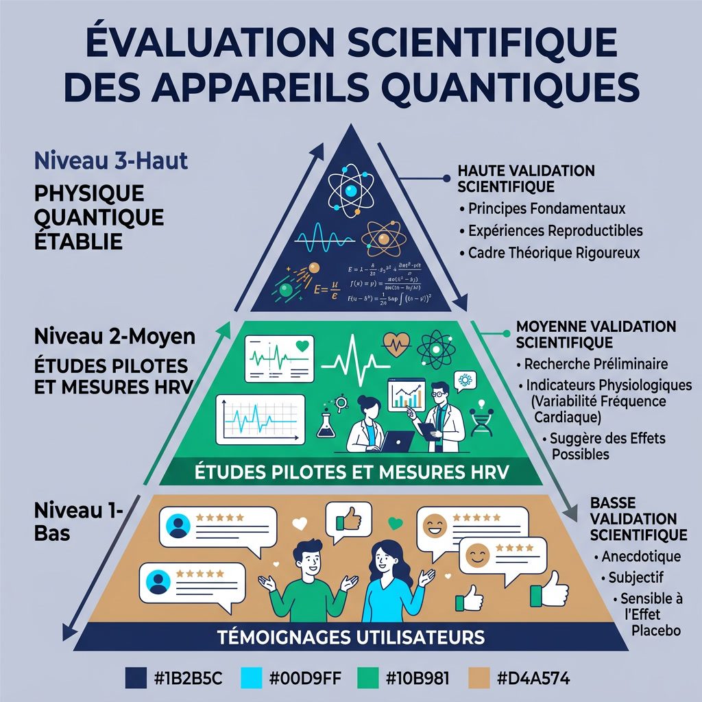 Infographie: 'Évaluation Scientifique des Appareils Quantiques' pyramide de preuves. Niveau 1-Bas: Témoignages utilisate