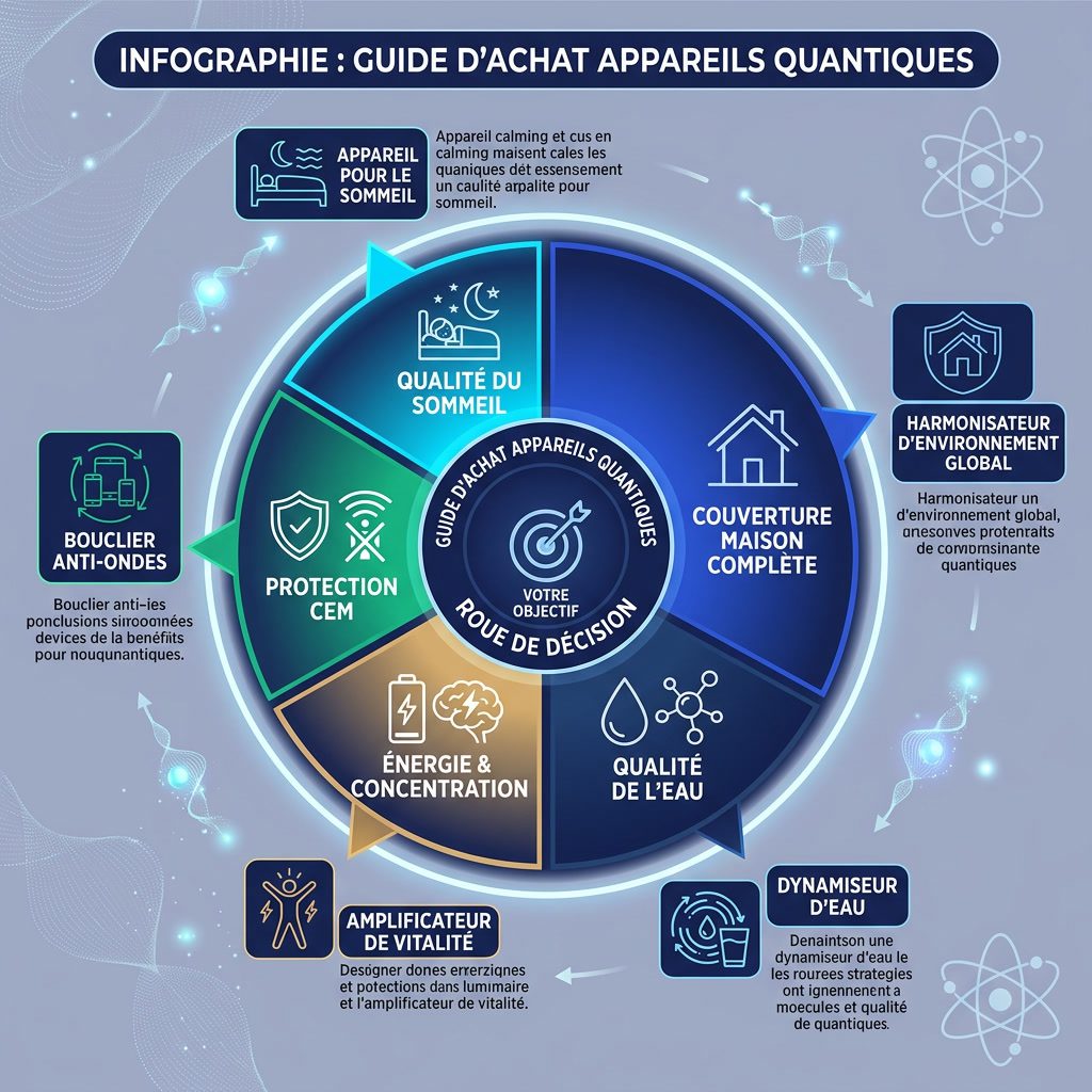 Infographie: 'Guide d'Achat Appareils Quantiques' roue de décision. Centre: 'Votre objectif'. 5 segments: Qualité du som