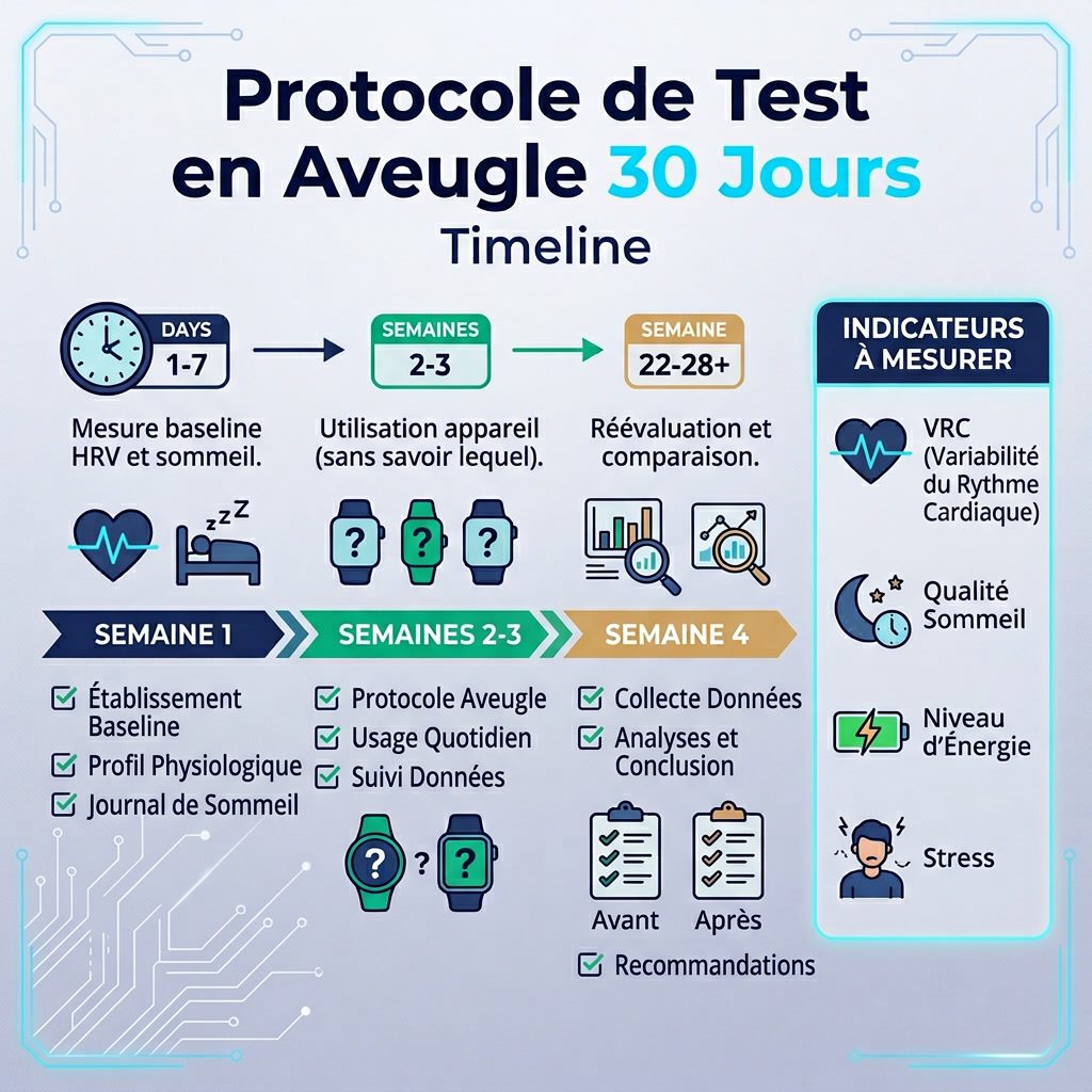 Infographie: 'Protocole de Test en Aveugle 30 Jours' timeline. Étapes: Semaine 1-Mesure baseline HRV et sommeil. Semaine