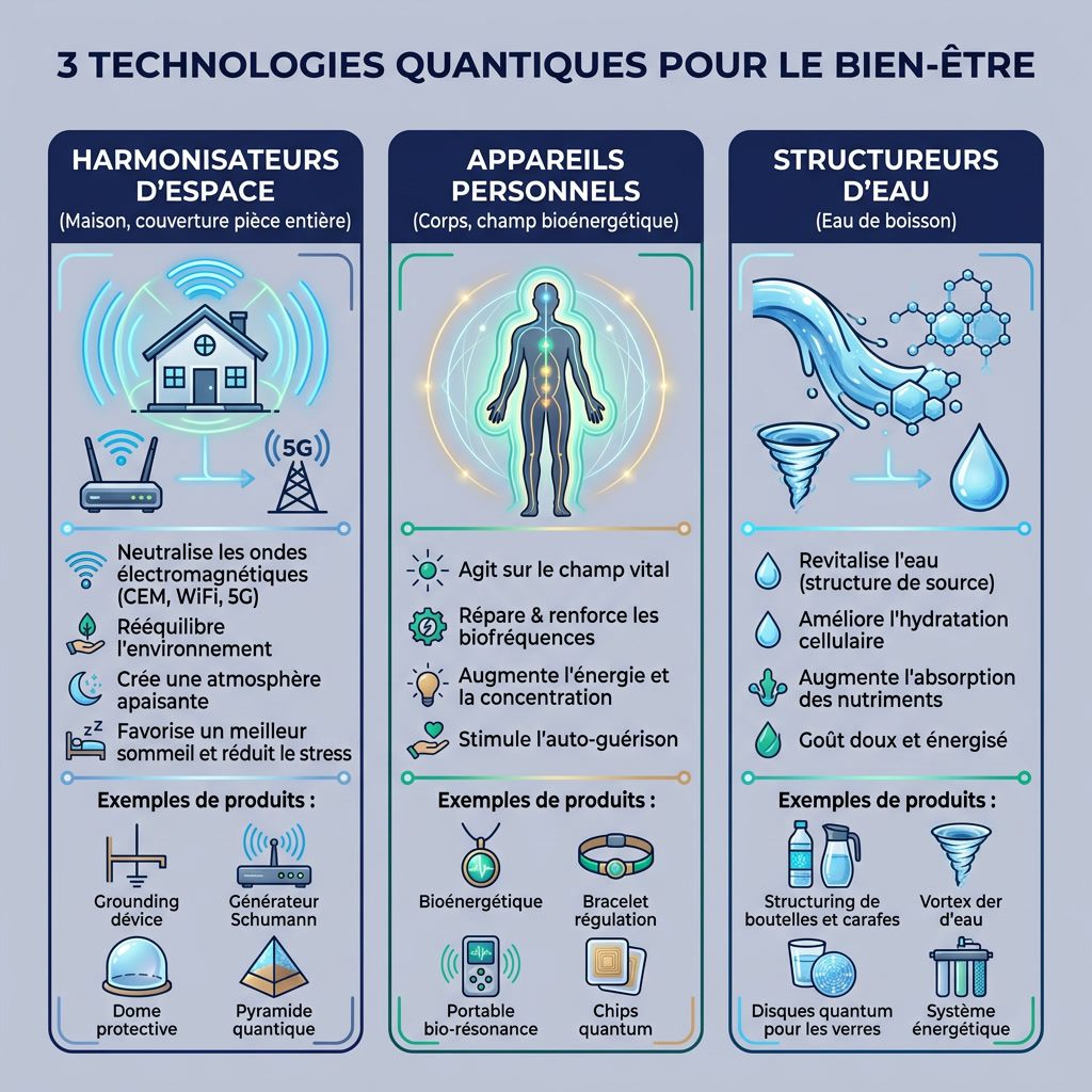 Infographie: '3 Technologies Quantiques pour le Bien-être' colonnes comparatives. Colonne 1: Harmonisateurs d'espace (ma