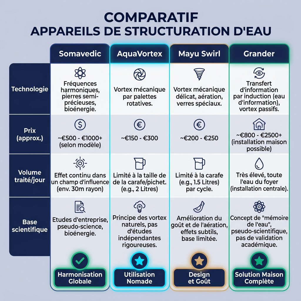 Infographie: 'Comparatif Appareils de Structuration d'Eau' tableau. Produits: Somavedic, AquaVortex, Mayu Swirl, Grander