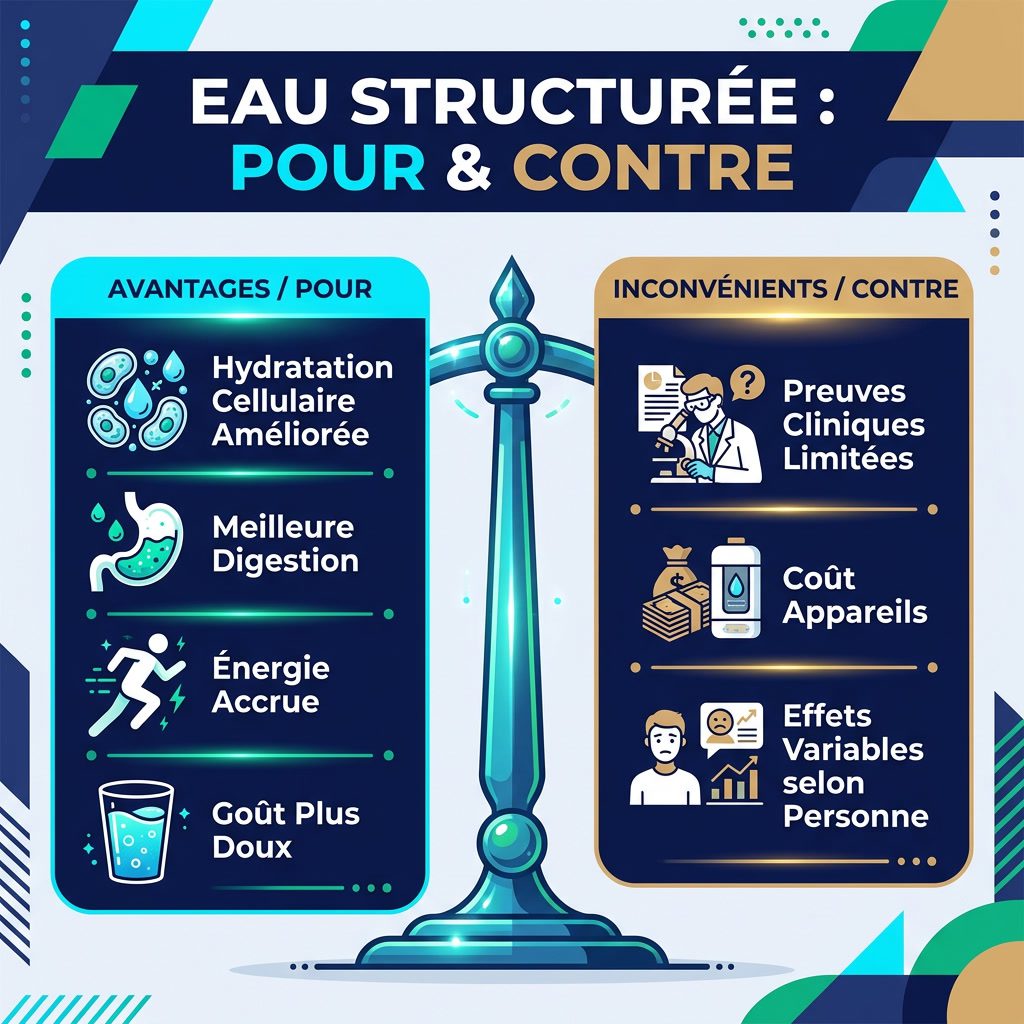 Infographie: 'Eau Structurée Pour & Contre' balance visuelle. Côté gauche (Pour/cyan): Hydratation cellulaire améliorée,