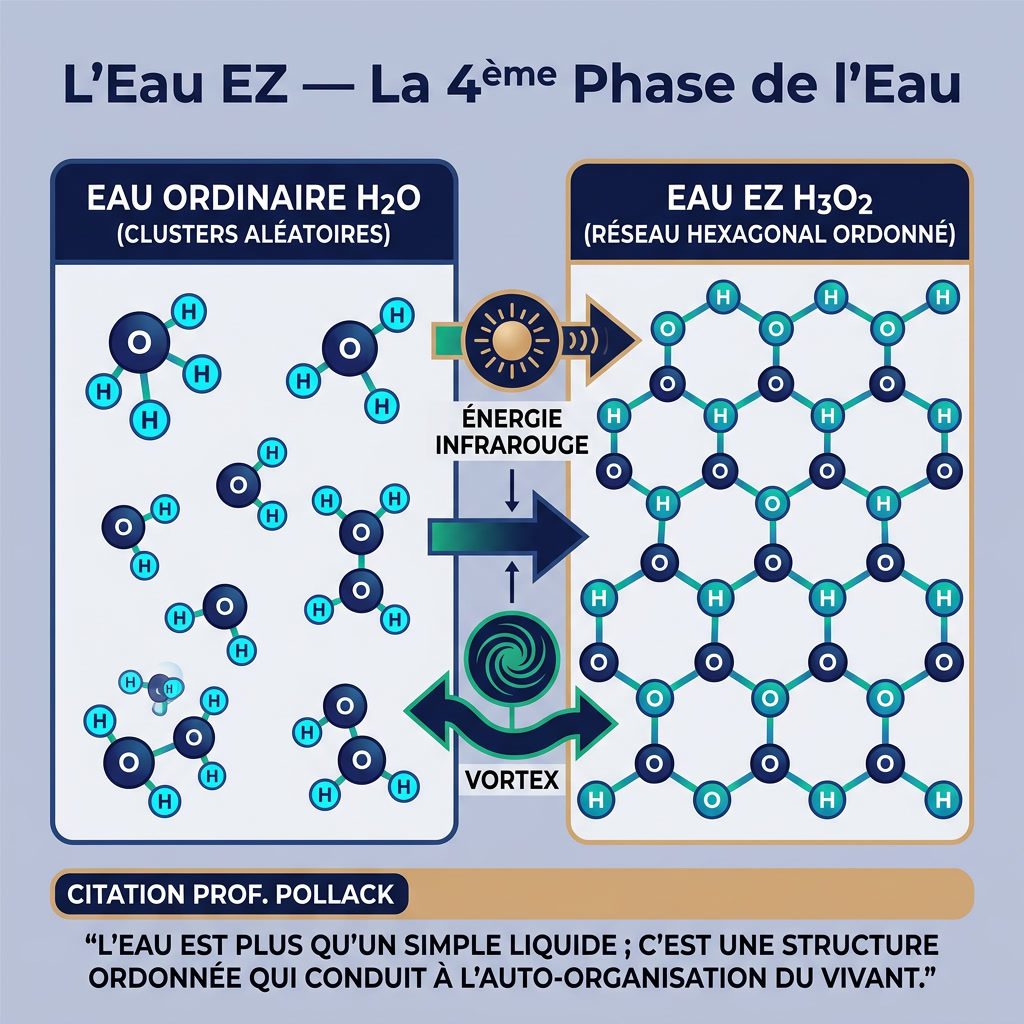 Infographie: 'L'Eau EZ — La 4ème Phase de l'Eau' diagramme moléculaire. Gauche: eau ordinaire H2O (clusters aléatoires).