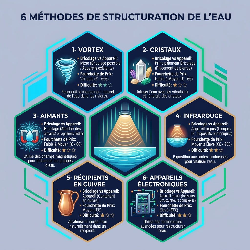 Infographie: '6 Méthodes de Structuration de l'Eau' grille hexagonale. Hexagones: 1-Vortex, 2-Cristaux, 3-Aimants, 4-Inf