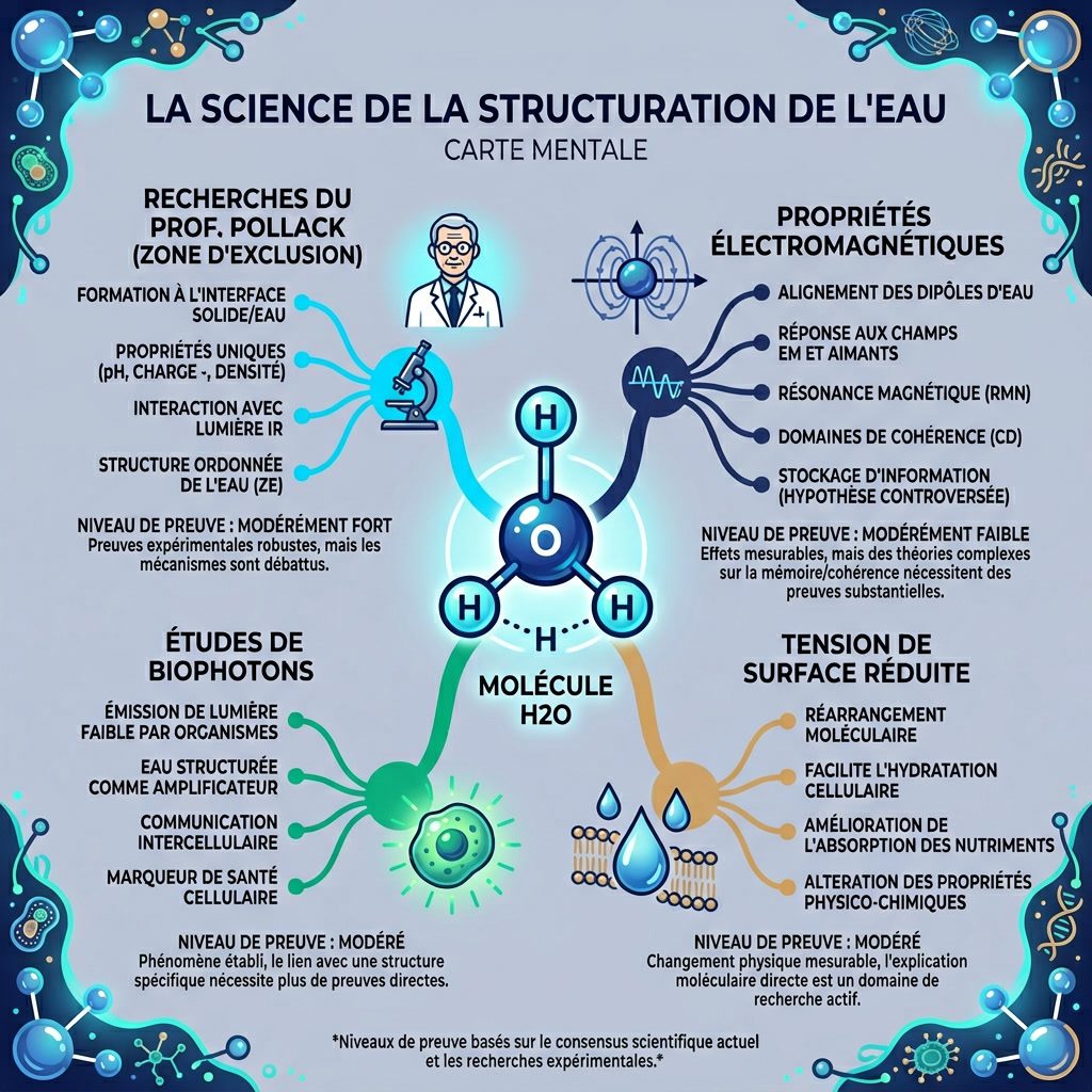 Infographie: 'La Science de la Structuration de l'Eau' carte mentale. Centre: molécule H2O. Branches: Recherches du Prof