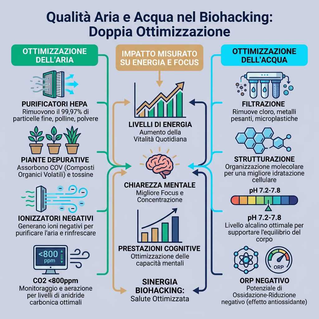 Infografica: 'Qualità Aria e Acqua nel Biohacking' doppia ottimizzazione. Sinistra — Aria: purificatori HEPA, piante dep