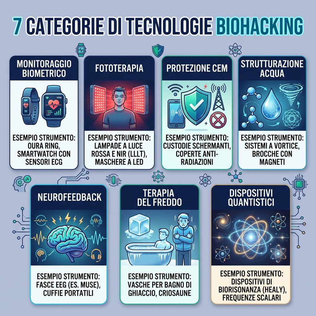 Infografica: '7 Categorie di Tecnologie Biohacking' griglia di carte. Categorie: Monitoraggio biometrico, Fototerapia, P
