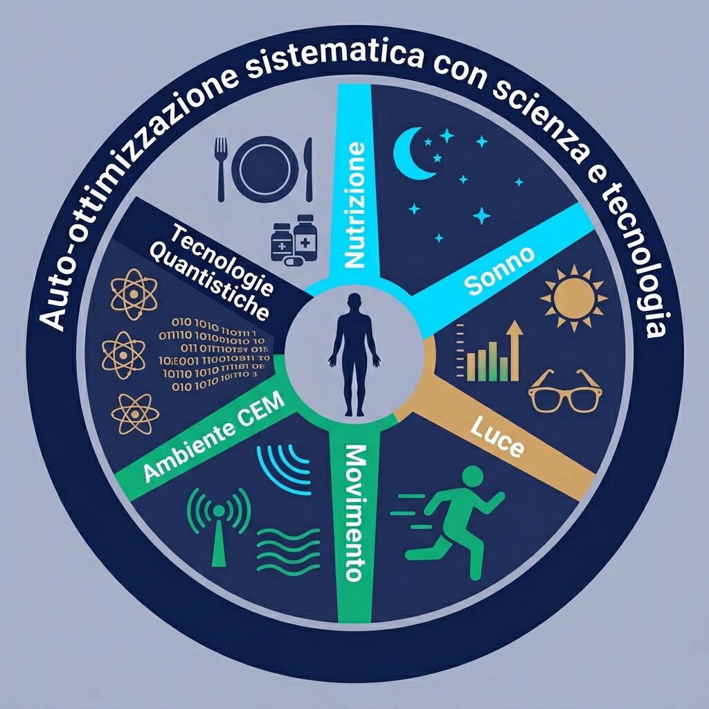 Infografica: 'Cos'è il Biohacking?' ruota delle componenti. Centro: silhouette umana. 6 raggi: Nutrizione, Sonno, Luce,