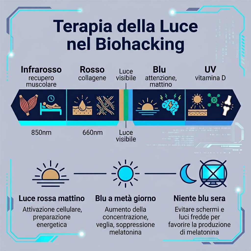 Infografica: 'Terapia della Luce nel Biohacking' spettro luminoso. Da sinistra: Infrarosso (recupero muscolare, 850nm),