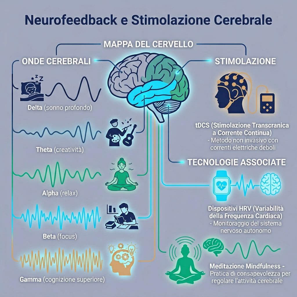 Infografica: 'Neurofeedback e Stimolazione Cerebrale' mappa del cervello. Onde cerebrali: Delta (sonno profondo), Theta