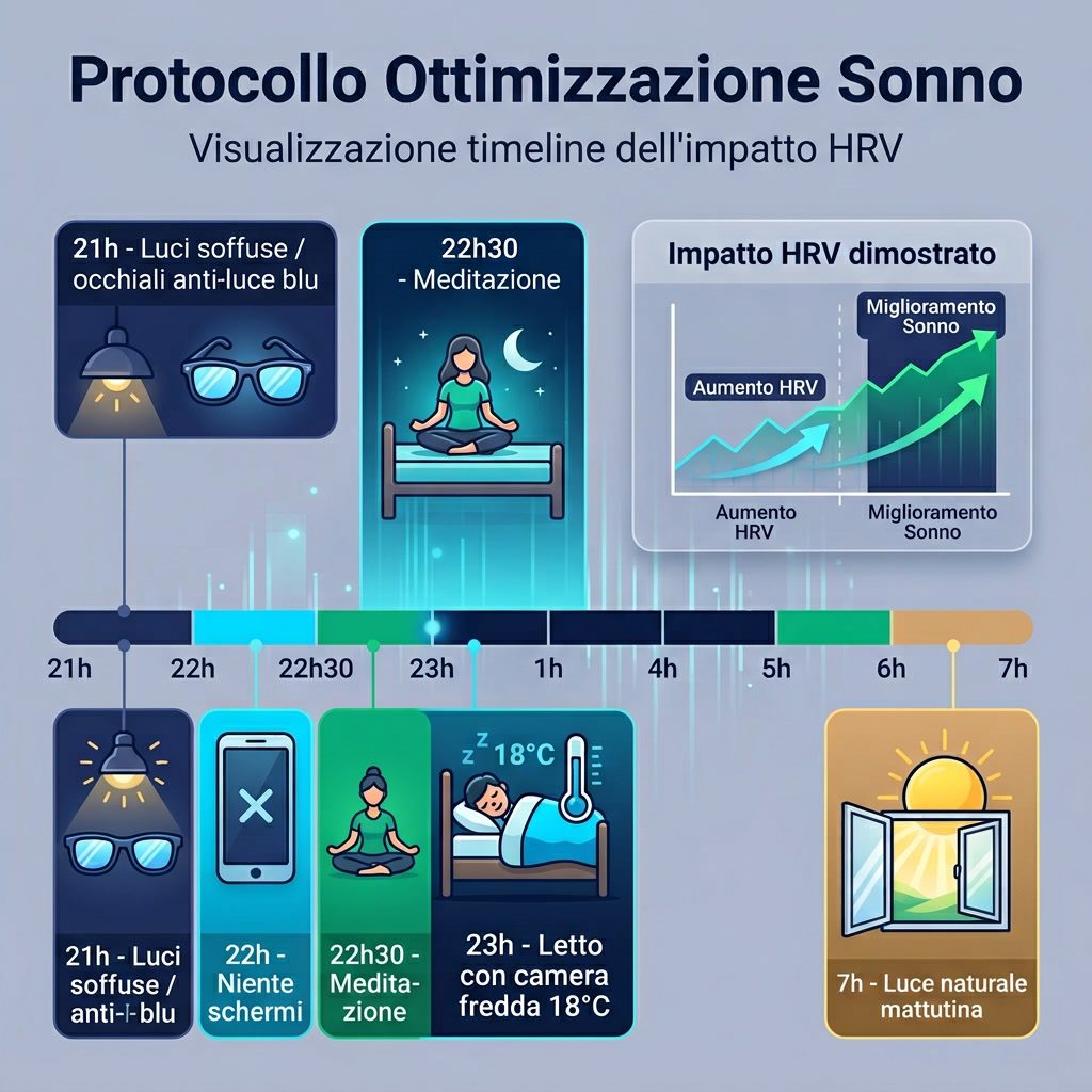 Infografica: 'Protocollo Ottimizzazione Sonno' timeline notturna 21-7. Blocchi colorati: 21h-Luci soffuse/occhiali anti-