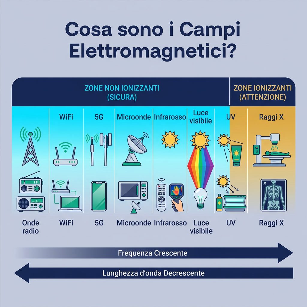 Infografica: 'Cosa sono i Campi Elettromagnetici?' spettro orizzontale. Dalla sinistra: onde radio, WiFi, 5G, microonde,