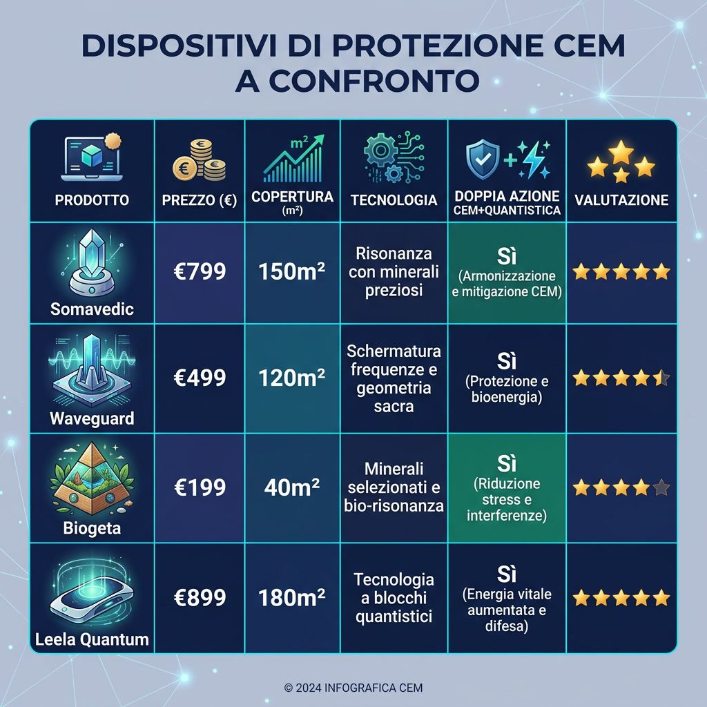 Infografica: 'Dispositivi di Protezione CEM a Confronto' tabella. Prodotti: Somavedic, Waveguard, Biogeta, Leela Quantum
