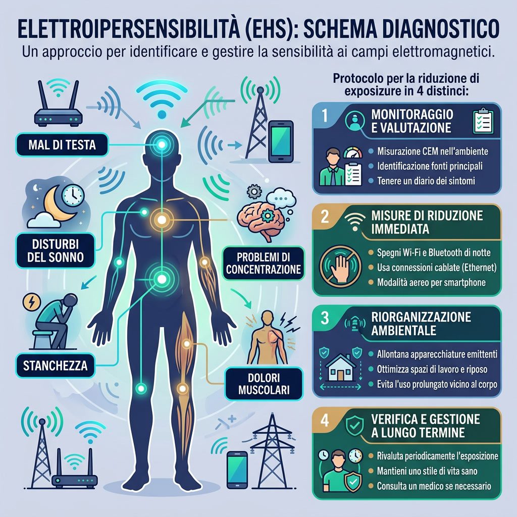 Infografica: 'Elettroipersensibilità (EHS)' schema diagnostico. Centro: silhouette umana con sintomi evidenziati. Sintom
