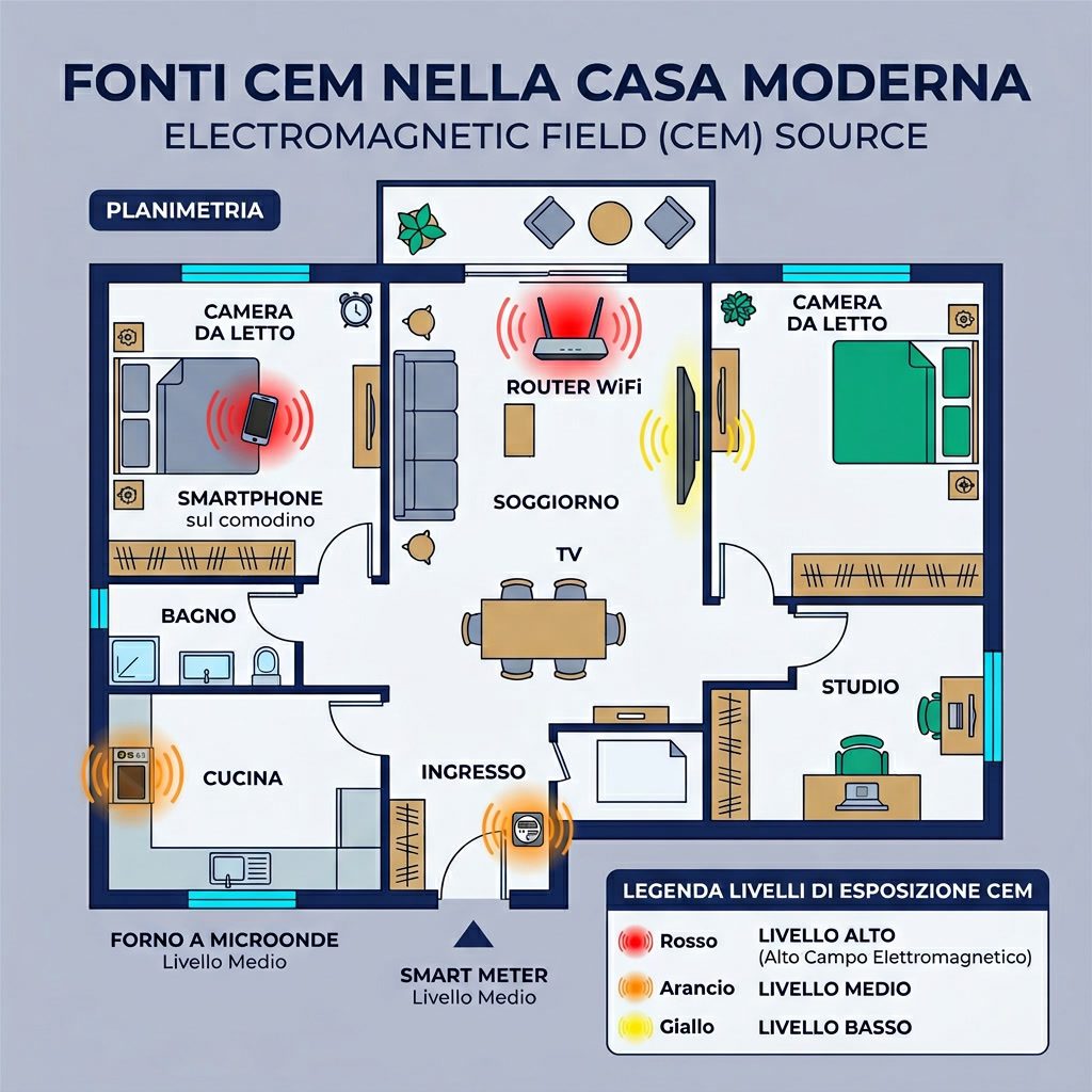 Infografica: 'Fonti CEM nella Casa Moderna' planimetria domestica. Stanze con punti hotspot CEM: router WiFi (rosso), sm