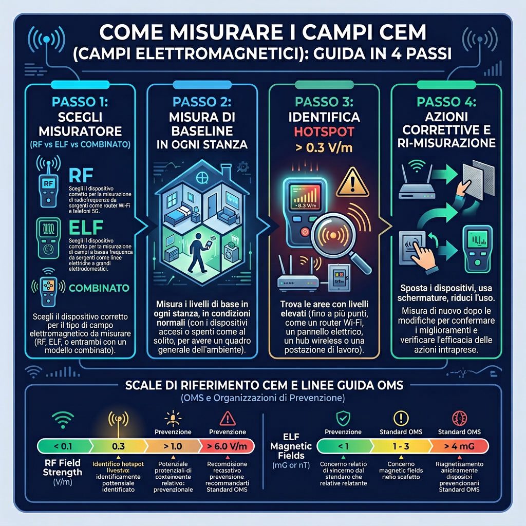Infografica: 'Come Misurare i Campi CEM' guida 4 passi. Passo 1: Scegli misuratore (RF vs ELF vs combinato). Passo 2: Mi
