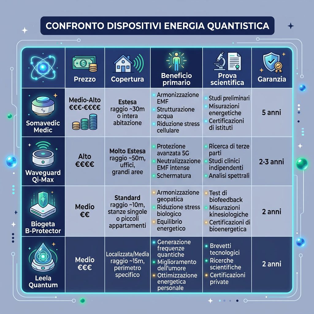Infografica: 'Confronto Dispositivi Energia Quantistica' matrice di valutazione. Righe: Somavedic Medic, Waveguard Qi-Ma