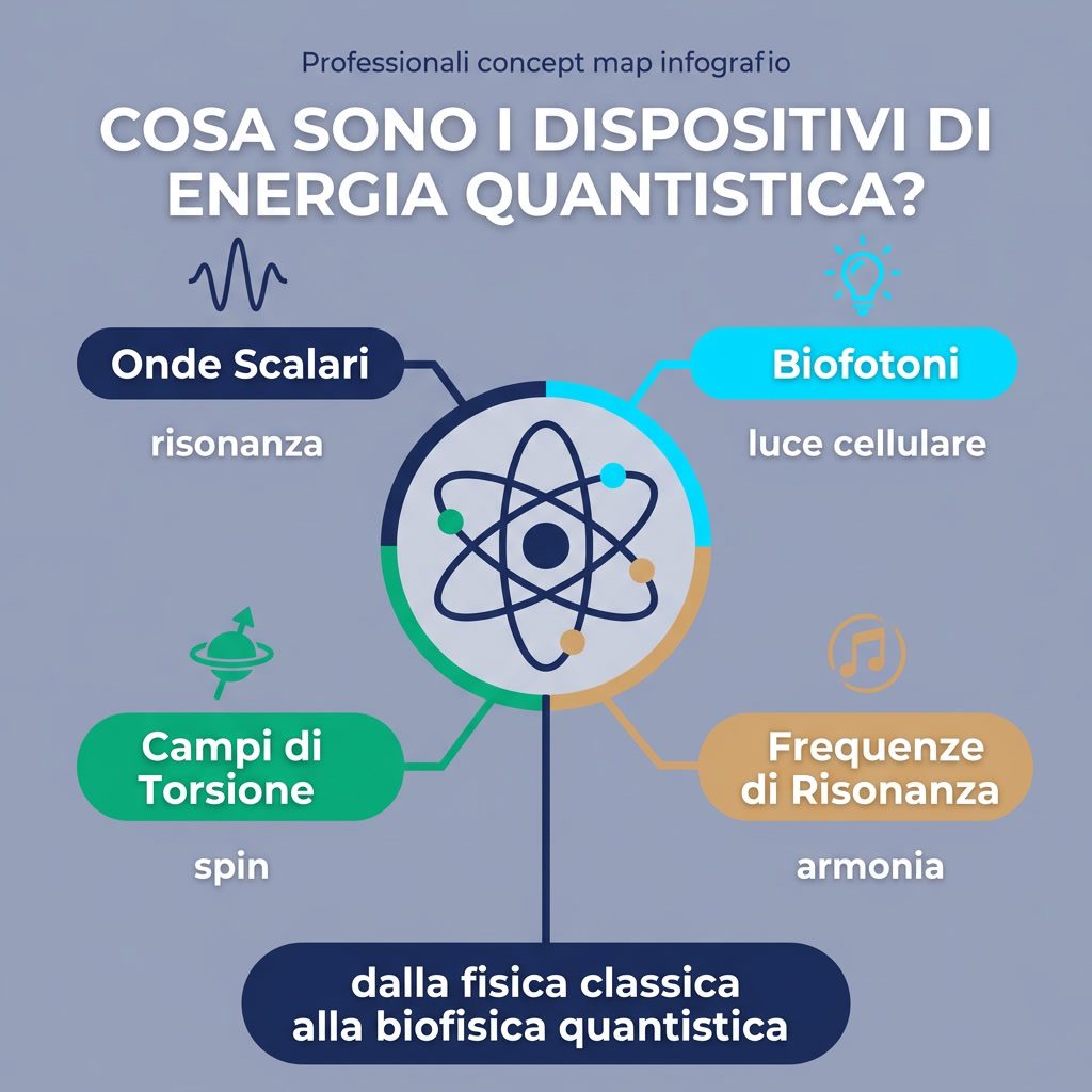 Infografica: 'Cosa sono i Dispositivi di Energia Quantistica?' mappa concettuale. Centro: atomo con orbite. Rami: Onde S