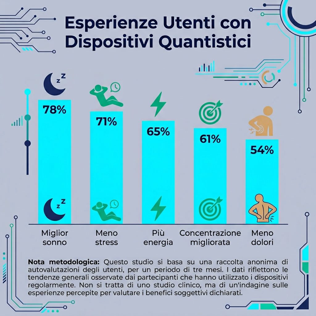 Infografica: 'Esperienze Utenti con Dispositivi Quantistici' grafico a barre. Benefici riportati: Miglior sonno 78%, Men