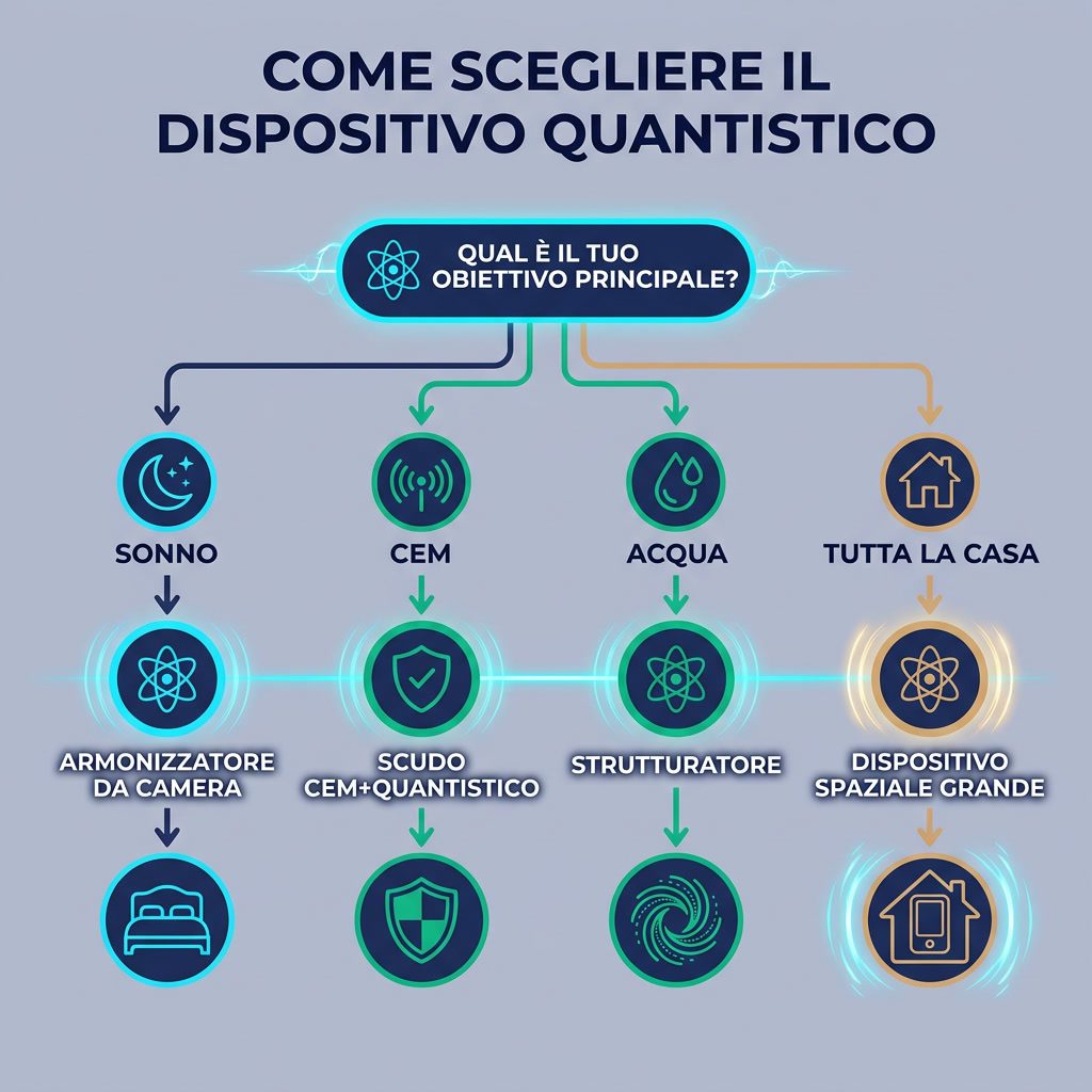 Infografica: 'Come Scegliere il Dispositivo Quantistico' albero decisionale. Domanda iniziale: 'Qual è il tuo obiettivo 