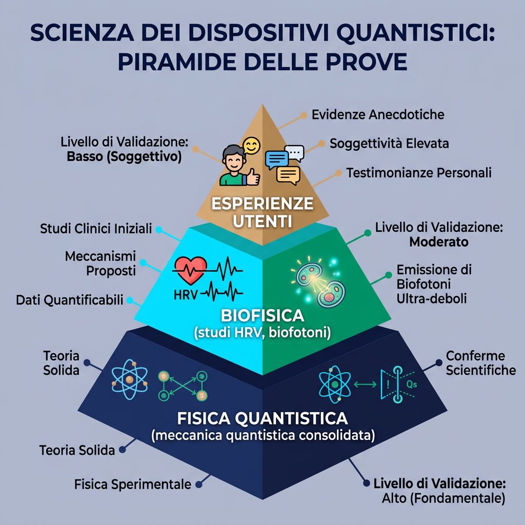 Infografica: 'Scienza dei Dispositivi Quantistici' piramide delle prove. Livello base: Fisica quantistica (meccanica qua