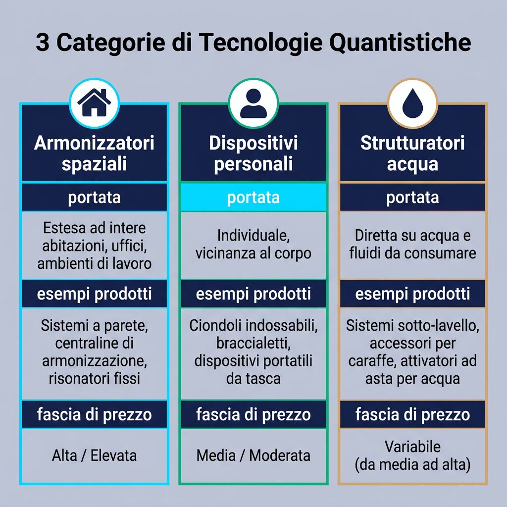 Infografica: '3 Categorie di Tecnologie Quantistiche' layout a colonne. Colonna 1: Armonizzatori spaziali (icona casa). 