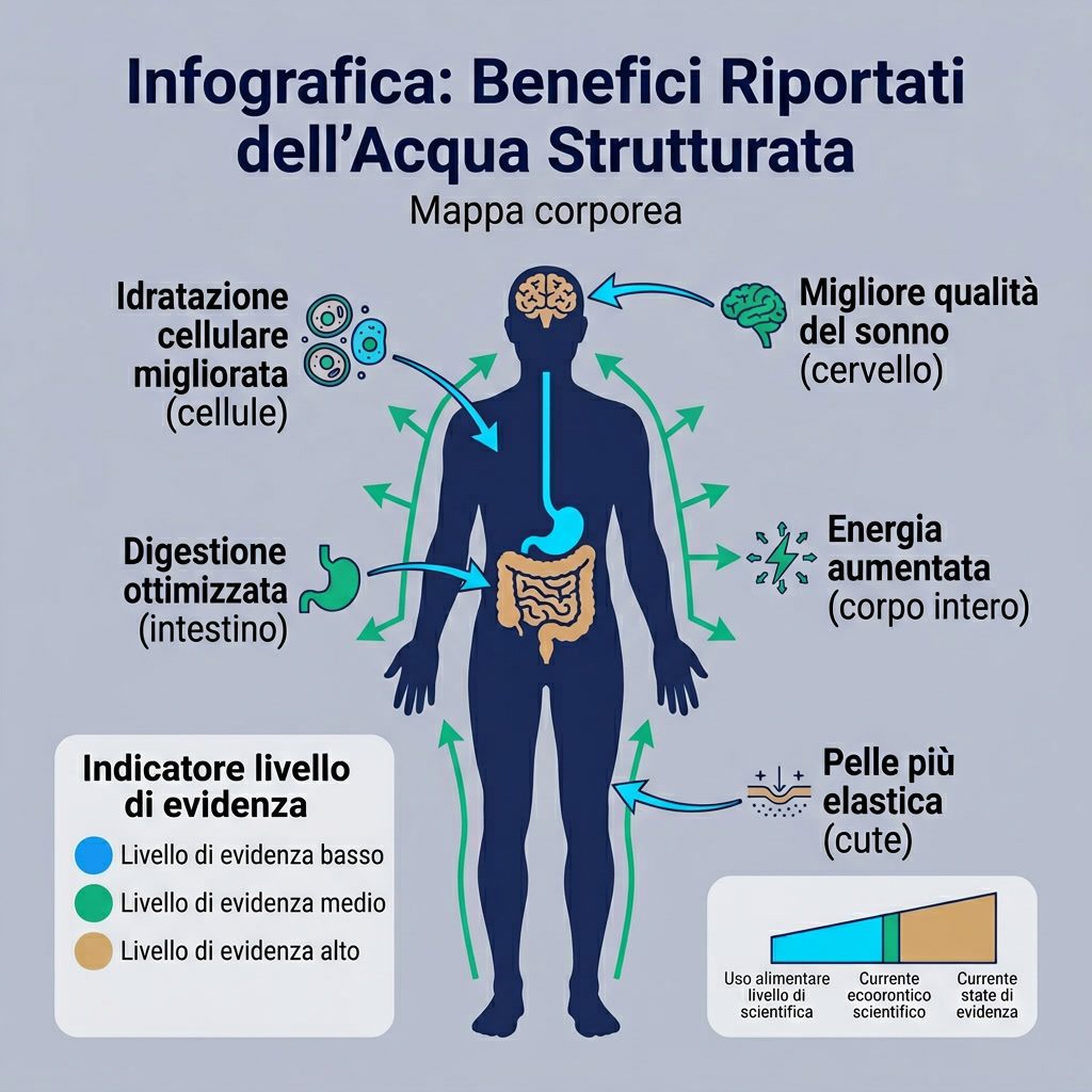 Infografica: 'Benefici Riportati dell'Acqua Strutturata' mappa corporea. Silhouette umana con frecce annotate: Idratazio