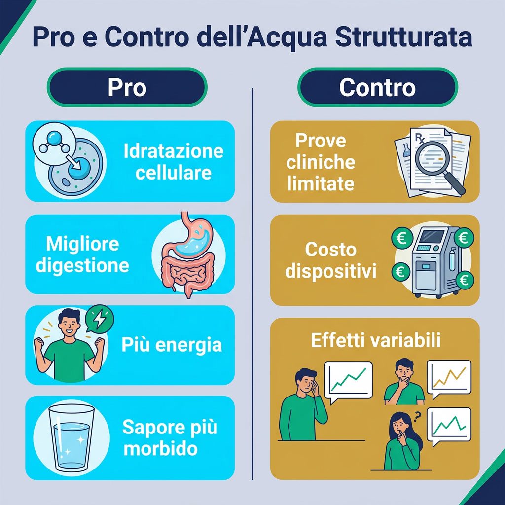 Infografica: 'Pro e Contro dell'Acqua Strutturata' bilancia visiva. Lato sinistra (Pro/ciano): Idratazione cellulare, Mi