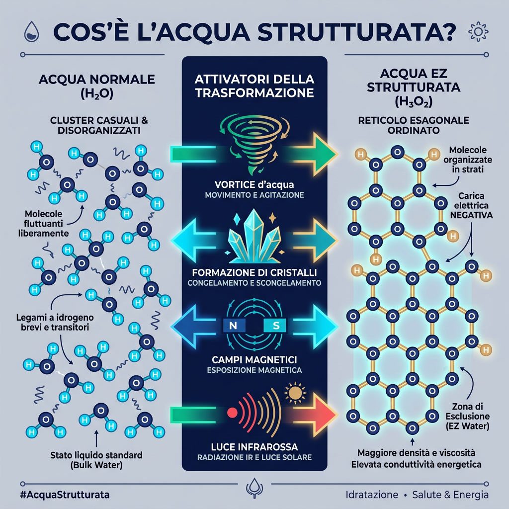 Infografica: 'Cos'è l'Acqua Strutturata?' confronto molecolare. Sinistra: acqua normale H2O (cluster casuali). Destra: a