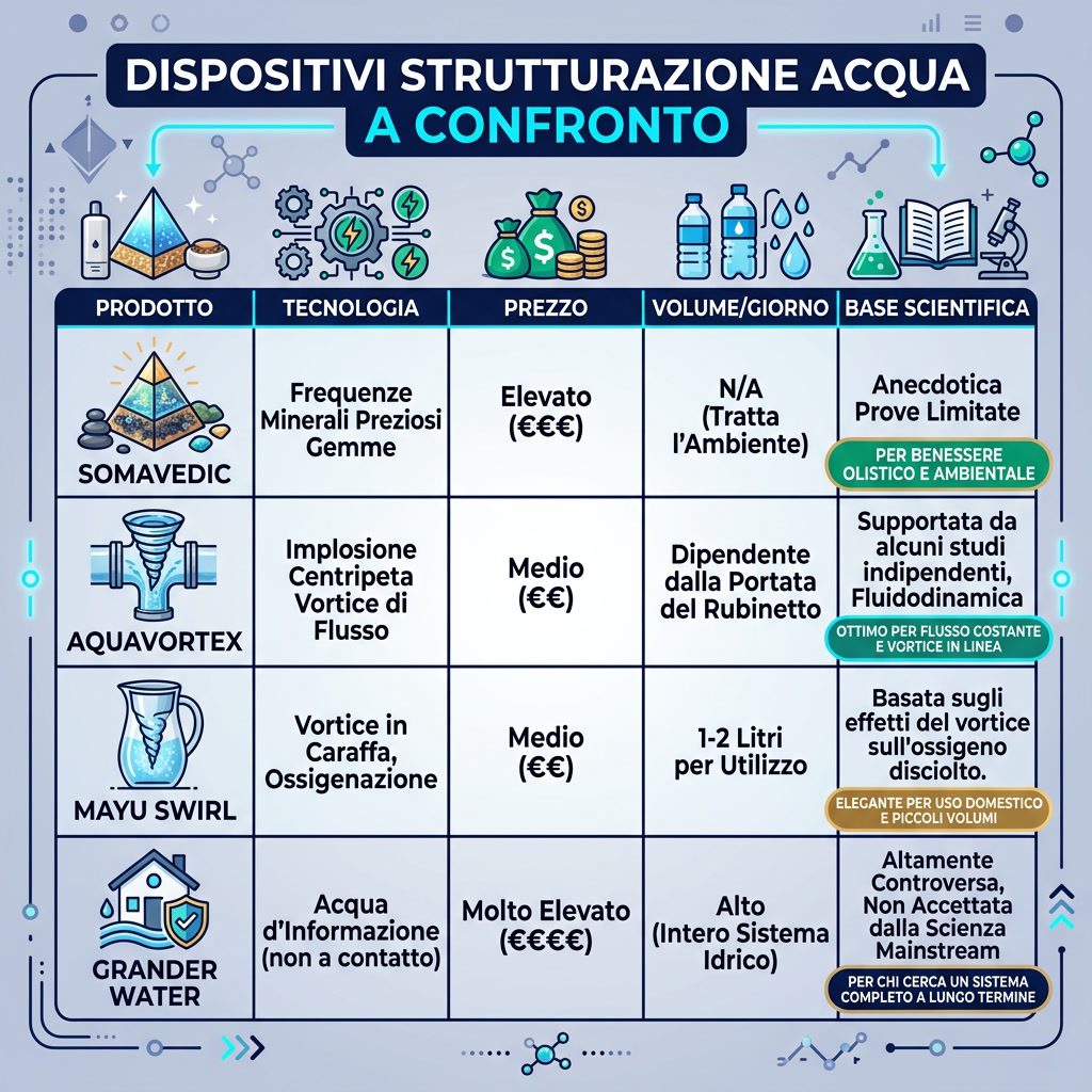 Infografica: 'Dispositivi Strutturazione Acqua a Confronto' tabella comparativa. Prodotti: Somavedic, AquaVortex, Mayu S