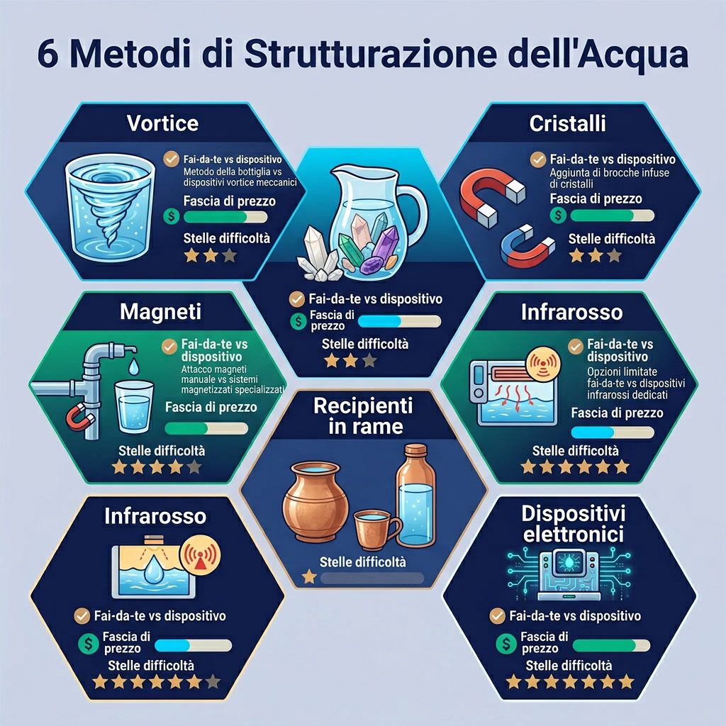 Infografica: '6 Metodi di Strutturazione dell'Acqua' griglia esagonale. Esagoni: 1-Vortice, 2-Cristalli, 3-Magneti, 4-In