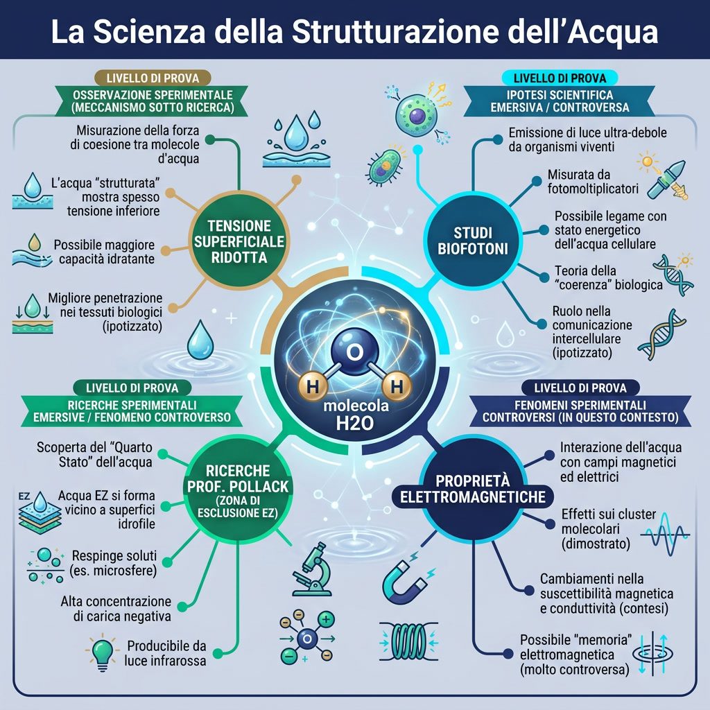 Infografica: 'La Scienza della Strutturazione dell'Acqua' mappa mentale. Centro: molecola H2O. Rami: Ricerche Prof. Poll