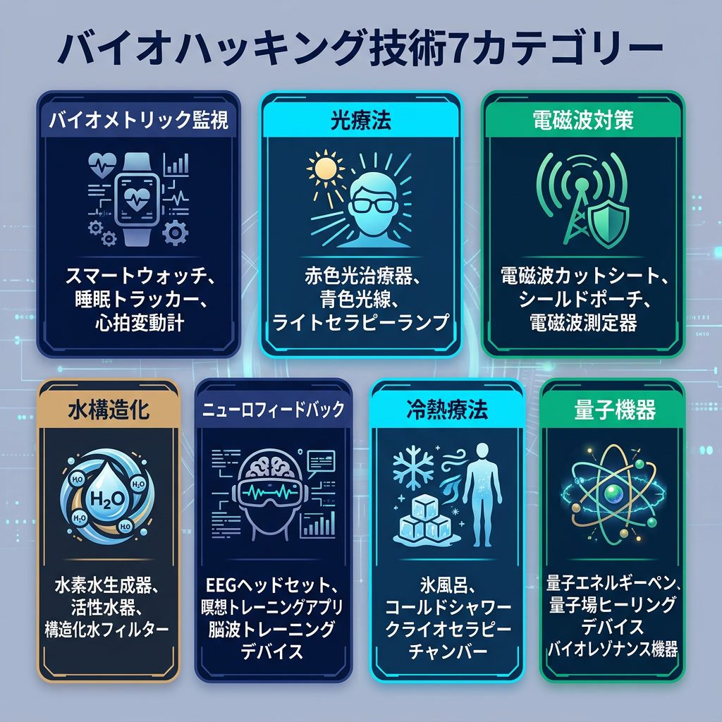 インフォグラフィック:'バイオハッキング技術7カテゴリー' カードグリッド。カテゴリー:バイオメトリック監視、光療法、電磁波対策、水構造化、ニューロフィードバック、冷熱療法、量子機器。各カード:アイコンとツール例。日本語テキスト。 Ligh