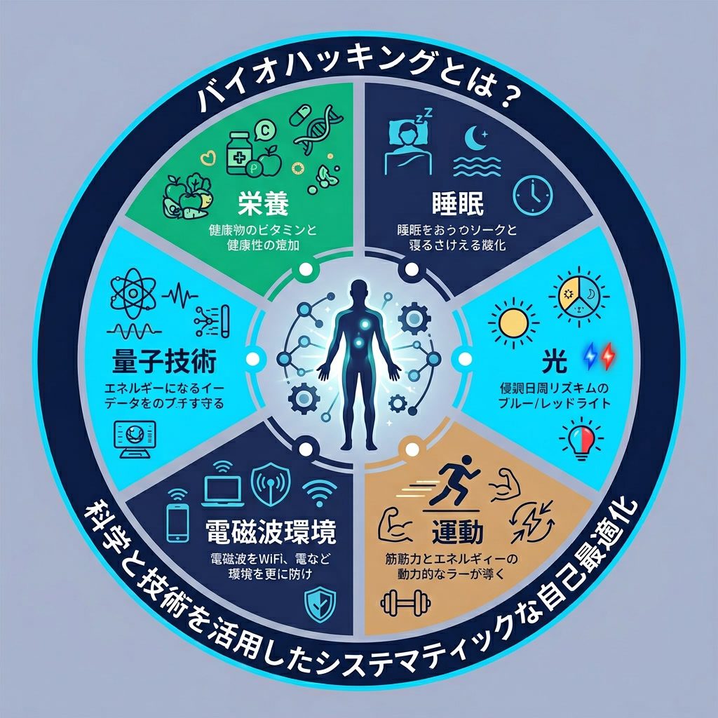 インフォグラフィック:'バイオハッキングとは?' コンポーネントホイール。中心:人体シルエット。6本のスポーク:栄養、睡眠、光、運動、電磁波環境、量子技術。外輪:'科学と技術を活用したシステマティックな自己最適化'。日本語テキスト。 Lig
